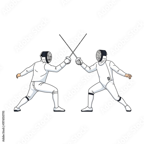 Two Fencers in Protective Gear Duel with Swords on White Background