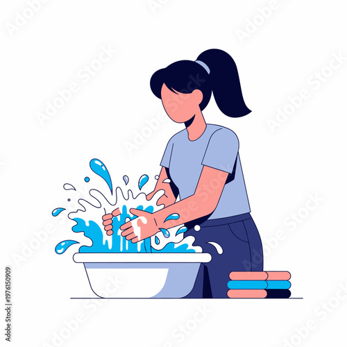 Woman Washing Clothes by Hand in Basin with Water Splashes