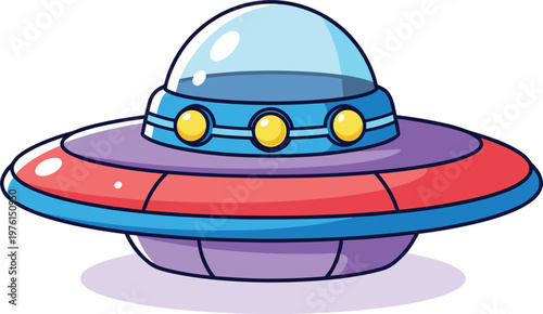 Colorful cartoon UFO illustration with dome top, glowing lights, and playful spaceship design, perfect for science fiction themes, extraterrestrial concepts, and creative artwork