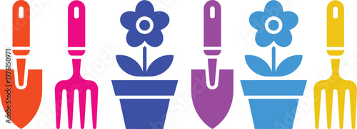 Colorful gardening tools and flower pots with blooming flowers illustration