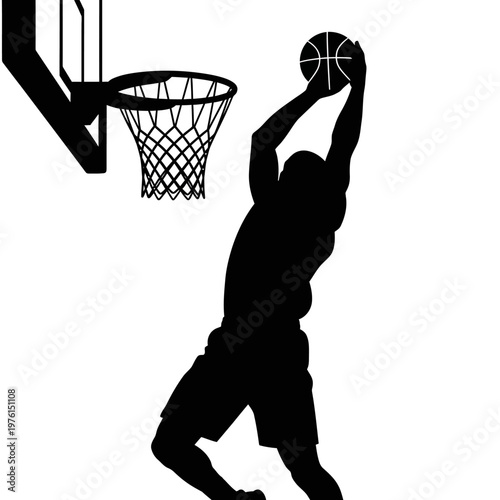 Basketball Player Silhouette Dunking Slam Dunk on White Background