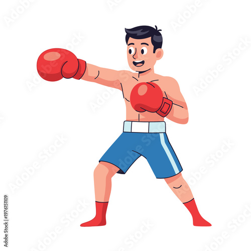 Animated Boxer Punching with Red Gloves and Blue Shorts, Sports Cartoon Character