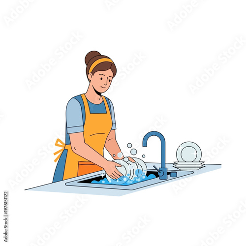 Woman washing dishes in kitchen sink with bubbles and running water, domestic chore illustration