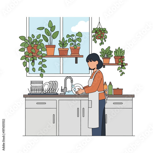 Woman washing dishes in a kitchen with many houseplants and a window view.