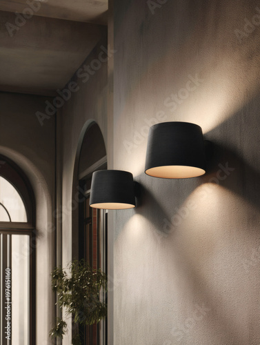 hallway interior concept showcasing a slim black wall sconce mounted against a textured gray wall. The lamp emits diffused warm light that softly washes the wall above and below, creating a 