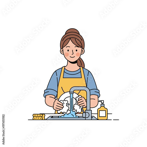 Woman washing dishes in kitchen sink with soap dispenser and sponge, daily chore illustration