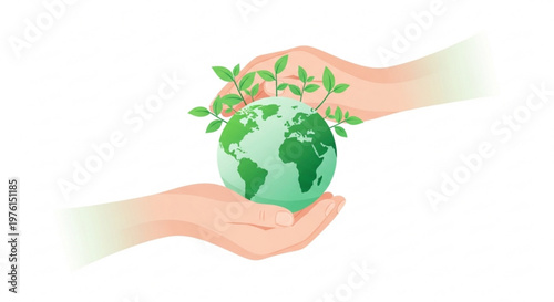 Hands holding green earth globe with growing leaves symbolizing eco friendly care and sustainability