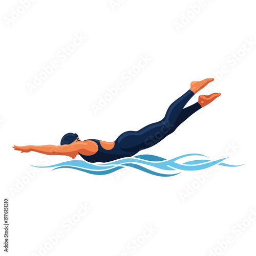 Female swimmer performing freestyle stroke, athletic body, dynamic water, white background
