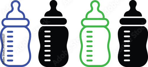 Four different baby bottle designs illustrated in contrasting colors