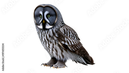 Majestic Great Gray Owl standing isolated on transparent background, nocturnal predator bird, northern forest owl, wise wild animal, detailed feathers, large bird of prey, wildlife