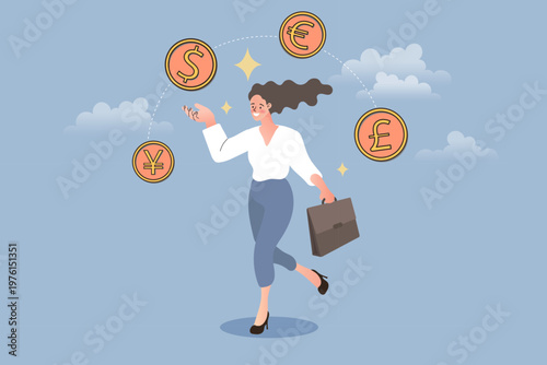 Global finance management and currency exchange illustration. Ideal for forex trading blogs, international business websites, and money transfer marketing banners.