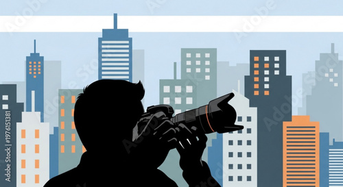 Silhouette of a man taking a photo with a camera in front of a city skyline with tall buildings and skyscrapers in the background at daytime