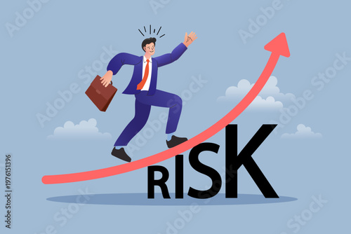 Business risk management and overcoming obstacles illustration. Businessman walking on a rising red arrow above the word RISK for financial strategy and career growth concepts.