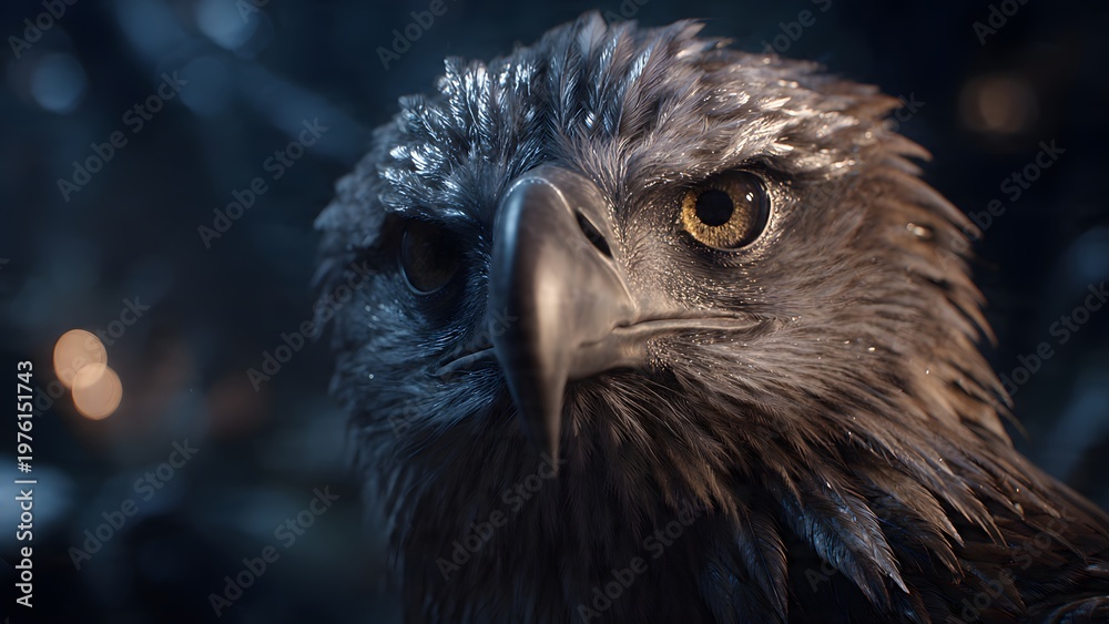 Fototapeta premium Majestic Eagle Portrait Close-up, Fierce Gaze, Detailed Feathers, Dark Moody Background