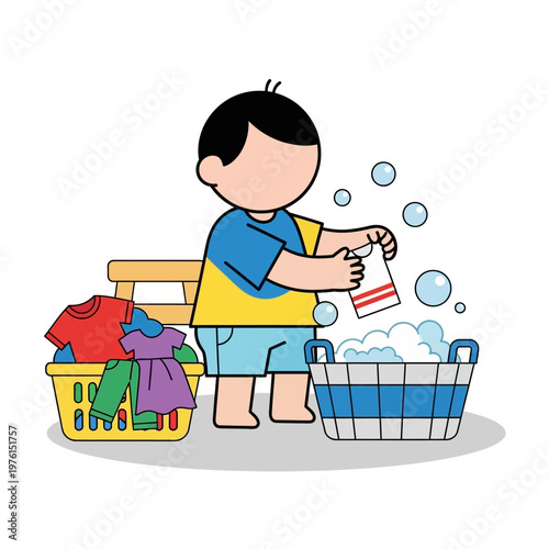 Young boy doing laundry, washing clothes in a soapy tub with bubbles, helping at home
