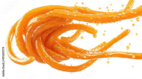 A vibrant orange jalebi on a transparent background with sugar sprinkles