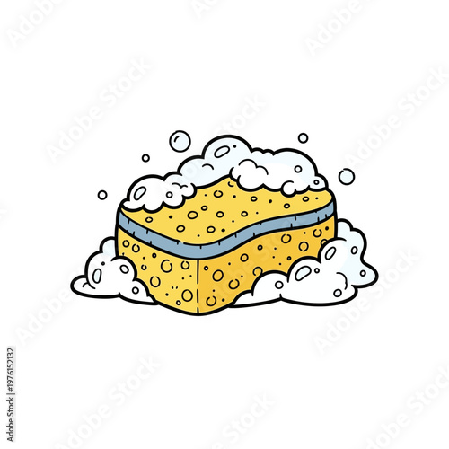 Cartoon Sponge with Soap Suds and Bubbles