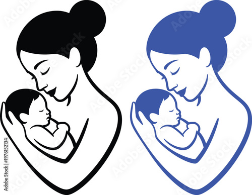 Illustration of mothers holding their newborn babies in contrasting colors
