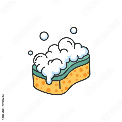 Cartoon Sponge with Suds and Bubbles, Cleaning Tool, Isolated