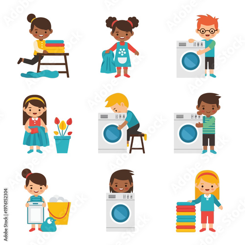 Children Doing Chores: Laundry, Folding Clothes, Housework, Helping Parents