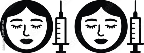 Illustrations of faces paired with syringes depicting vaccination or medical treatment