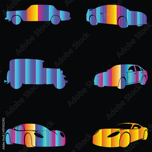 Colorful Car Silhouettes Set, Modern and Vintage Vehicles Collection, Neon Spectrum Automotive Vector Illustration.
