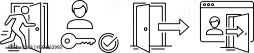 Entrance icon collection, successful entry concept, user key access, account page, open door symbol, vector line art illustration eps
