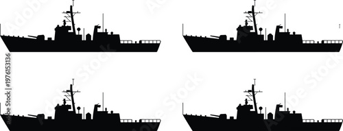 Isometric silhouettes of naval warships, military vessels, defense fleet, radar masts, antennas, stern deck, maritime security, naval power, combat ships