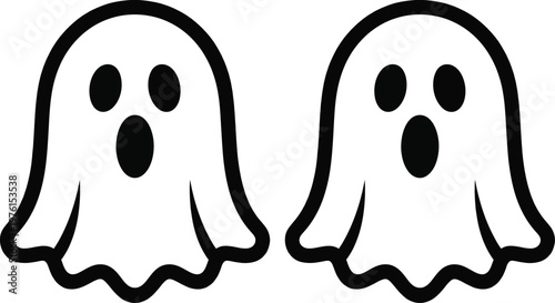 Two friendly ghosts floating side by side with simple black and white design