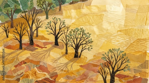 Handmade paper collage illustration of a sunny woodland landscape with trees and long shadows.