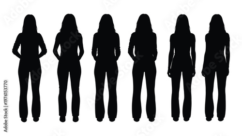 A series of six silhouette figures of women all facing forward