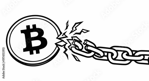A broken chain is being shattered by a Bitcoin symbol
