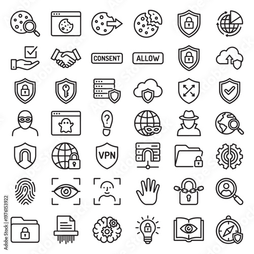 Set of cybersecurity and data privacy line icons vector symbols for internet security and digital pr