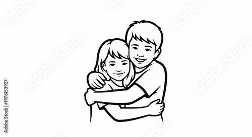 A boy hugs a girl tightly, both smiling happily