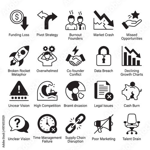 Business challenges and startup problems line icons vector glyph set for corporate risk analysis and