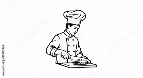 A chef in uniform chops ingredients on a cutting board