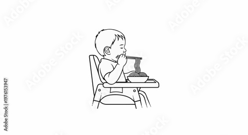 A child sits in a high chair, eating noodles with chopsticks