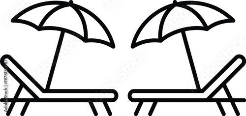 Two beach loungers with umbrellas providing shade on a sunny day