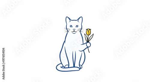 White cat with blue outline holding a yellow tulip