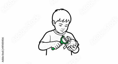 A young boy is carefully peeling a potato with a green peeler