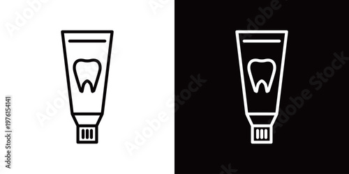 歯磨き粉のラインアイコン。白い線と黒い線のモノクロベクターイラストセット