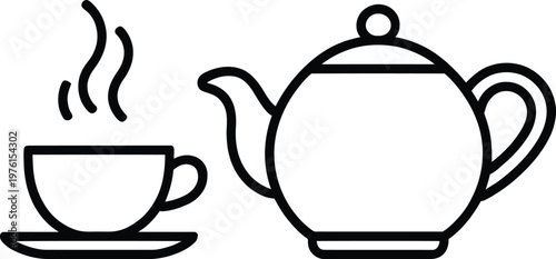 Classic tea set with a teapot and steaming cup on a saucer