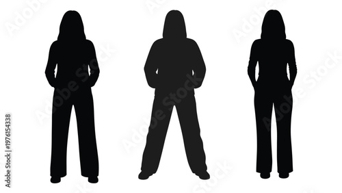 Three silhouetted figures stand facing forward appearing as anonymous human forms