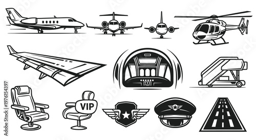 Private Jet Aviation and Luxury Air Travel Vector Set