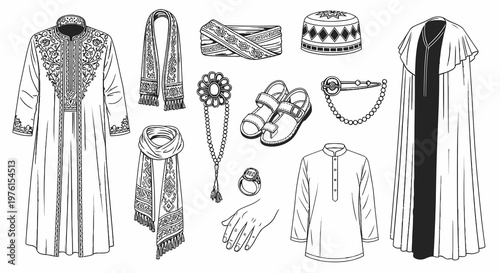 Traditional Middle Eastern Male Apparel and Accessories Vector Set