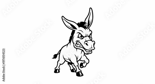 A black and white cartoon drawing of an angry donkey with bared teeth