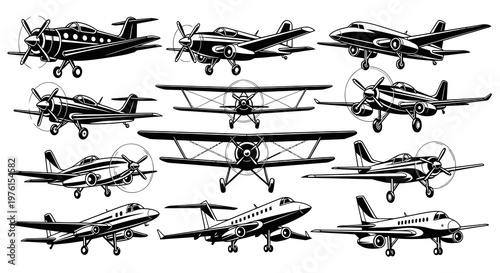 Collection of Vintage Propeller Planes and Private Jet Vectors