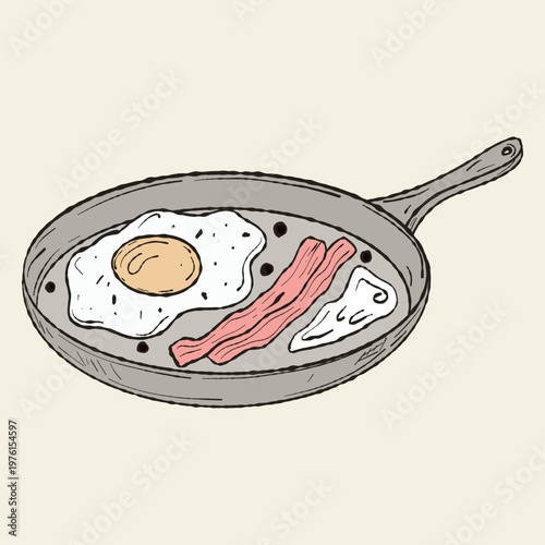 Hand Drawn Frying Pan with Eggs and Bacon. Artisan Skillet Breakfast Illustration for Rustic Kitchen Decor