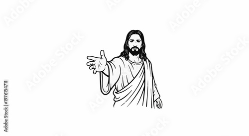 A black and white illustration of Jesus extending an open hand