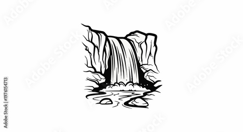 A black and white illustration of a waterfall cascading over rocks into a stream
